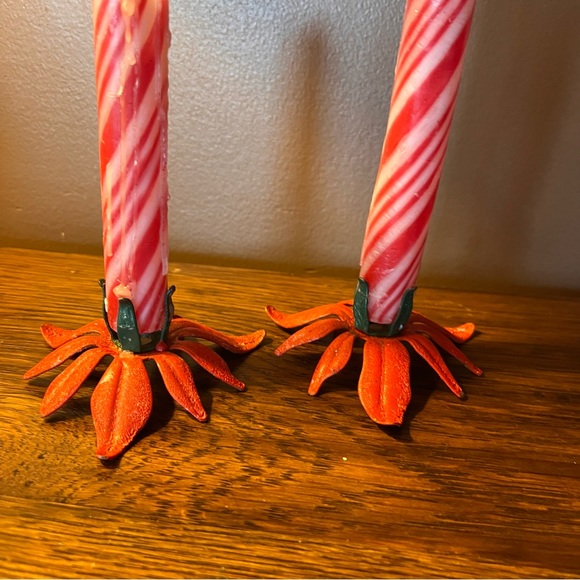 Vintage Poinsettia Christmas Holiday Pair of Metal Candle Holders - Picture 2 of 8